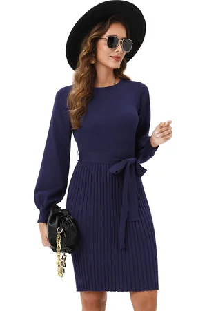 Merkloos Gebreide jurk dames truijurk met lange mouwen casual winterjurk elegante tuniek truijurk met riem Kerst jurk XL