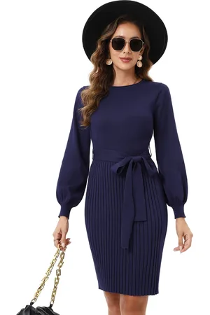 Merkloos Gebreide jurk dames truijurk met lange mouwen casual winterjurk elegante tuniek truijurk met riem Kerst jurk M