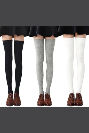 Merkloos 3 paar kniekousen voor dames, eenvoudige stijl, Sexy sokken, lange kousen voor dames, warme dijen voor dames, meisjes kniekousen (zwart + grijs + wit, maat: one size fits all)
