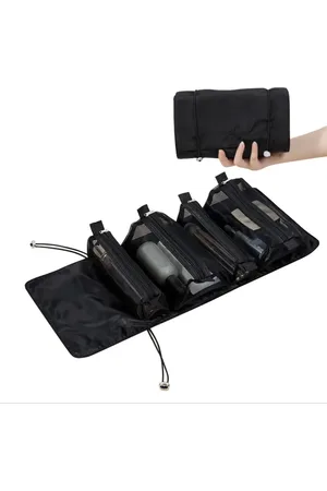 Merkloos Luxe Zwarte Make-up Reistas + Blender Spons - 4-in-1 Organizer - Toilettas - Etuis - Hangende Make-up Tas - Etui - Opbergtas voor Toiletartikelen - Ophangbaar en Multifunctioneel - Cosmetica Opbergen - Reisaccessoires Beauty Essentials - Op
