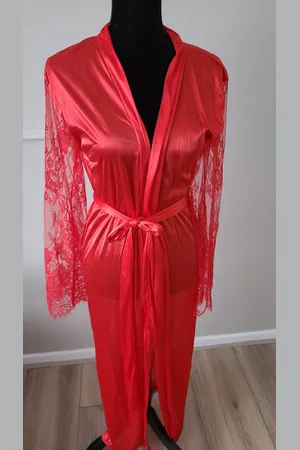 Merkloos Elegante Satijnen lange Kimono met kant