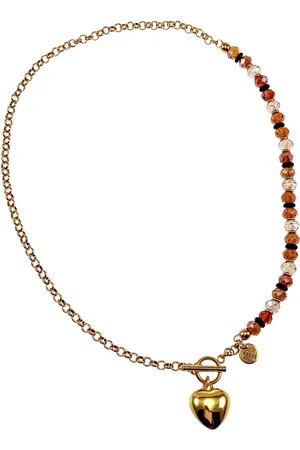esde2 Schakelsketting Dames - Ketting met Bruine Kristallen - Verguld RVS - Ketting met T-sluiting en Hart Hanger