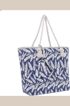 Merkloos Grote strandtas met ritssluiting 58 x 38 x 18 cm verenopdruk shopper schoudertas strandstijl