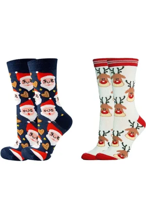 ASTRADAVI Christmas Socks - Sokken - 2 Paar Kerstsokken - Premium Katoenen Normale Sokken - 35/40 - , Wit, Marineblauw - Kerstcadeau Idee