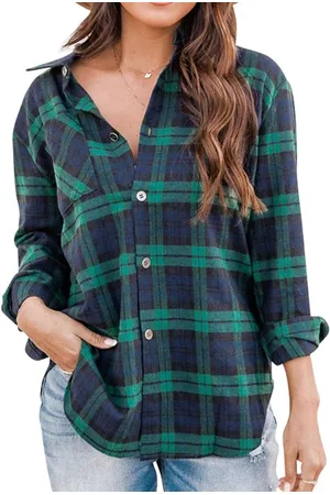 Merkloos Geruite Blouse Dames Lange Mouwen Revers Knoopsluiting Casual Streetwear S-type3