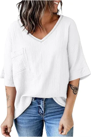 Merkloos V-hals Dames Tops met Borstzak - Zomer Comfortabel Losse Blouse - Wit