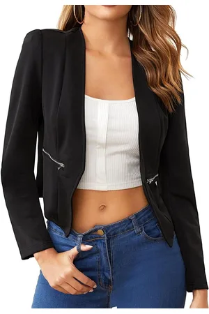 Merkloos Elegante Lange Mouw Blazer Dames Slim Fit Colbert - Korte Dames Blazer met Zakken en Casual Pure Kleur - Zwart