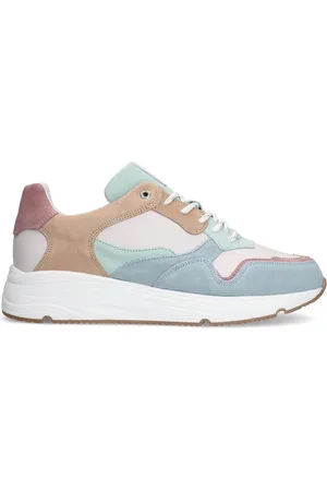 Manfield Dames - Blauwe leren sneakers met suède details