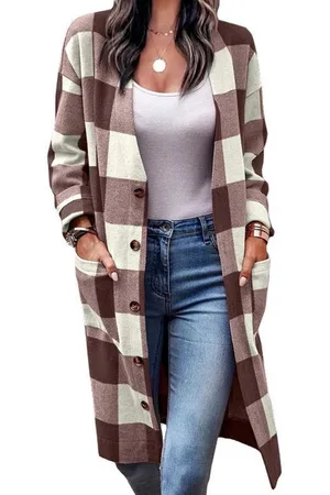 Merkloos Geruit Overhemdjack met Lange Mouwen - Dames Shacketshirt Blouse Jas - Casual Jack Tops - Zak - Lichtbruin