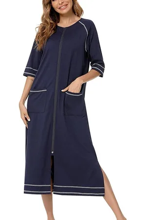 Merkloos Nachtjapon Lange Kamerjas Halve Mouwen met Rits en Zakken - XL marineblauw