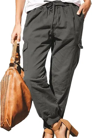 Merkloos Cargo Broek Dames - Multi Zakken Cargo Broek - Elastische Taille - Effen Casual Broek - Loose Fit Yoga Broek - Jogging Broek - Sport Broek - Werkkleding - Wandelbroek - Outdoor Broek - Trekking - Grijs