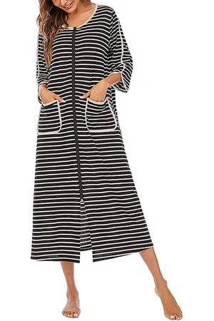 Merkloos Lange Kamerjas voor Dames - Gestreepte Nachtjapon met 3/4 Mouwen en Rits - Zachte Loungewear Robe - S-zwart