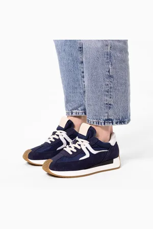 Manfield Dames - Blauwe suède sneaker met leren details