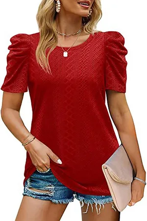 Merkloos Korte Mouwen Ronde Hals Tuniektop met Pofmouwen Losse Tops Pure Kleuren Casual Blouse (Rood)