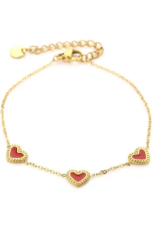 MICHELLE Minimalistische armband met rode hartjes - 16 + 3 cm - Stainless Steel - Waterproof - Gouden armband - Dames armband - Nikkel vrij - Kerst sieraden - Kerst cadeau - Moederdag - Valentijn - Dames armbanden - Kinder armband