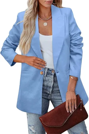Merkloos Colbert met Lange Mouwen - Zacht Polyester - Pure Kleur - Losse Casual Blazer - Zakelijk Werk - Buiten - Dames(L-Blauw)