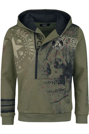 Rock Rebel Olijfgroene trui met diepe ritssluiting en print Mannen - XXL