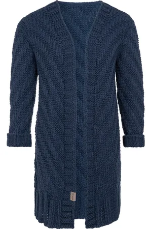 Knit Factory Sally Gebreid Dames Vest - Grof gebreid donkerblauw damesvest - Cardigan voor de herfst en winter - Middellang vest reikend tot boven de knie - - 36/38