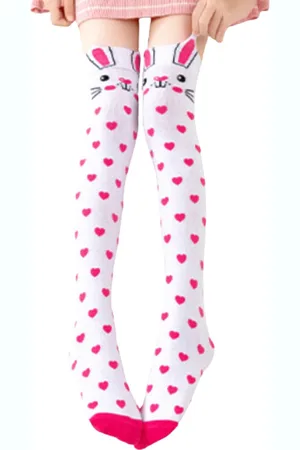Merkloos Kniekousen - 1 paar kniekousen meisjes konijn roze-wit hartjes - lange sokken - 6-12 jaar - 100% elastisch katoen - cadeau meisjes - dierenprint