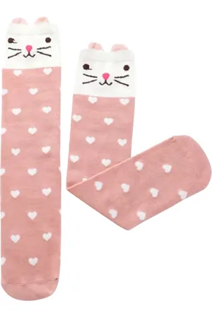 Merkloos Kniekousen - 1 paar kniekousen meisjes poes roze-hartjes - lange sokken - 6-12 jaar - 100% elastisch katoen - cadeau meisjes - dierenprint