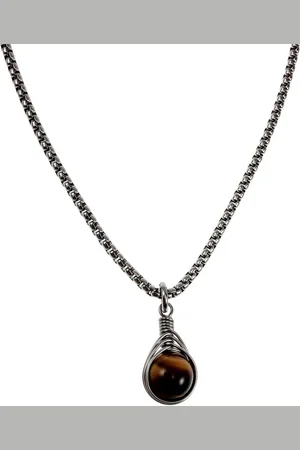 esde2 60cm x 3mm Jasseron-Ketting + Tijgeroogsteen Hanger Dames - RVS - Handgemaakt Visgraat Techniek Steen Hanger met Ketting