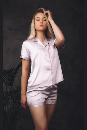 Merkloos Pyjama kort satijn dames, zomer pyjama - mauve , maat XL/XXL, superzacht satijn