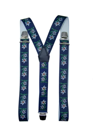 Flores Lederwaren Bretels Edelweiss (blauw) met brede extra sterke stevige Clips