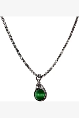 esde2 60cm x 3mm Jasseron-Ketting + Groene Kattenoogsteen Hanger Dames - Gepolijst RVS - Handgemaakt Visgraattechniek Steen Hanger