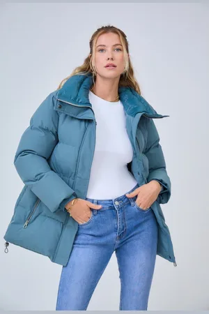 Merkloos Half Lange Blauwe Getailleerde Winterjas - Gewatteerde Dames Jassen - Trendy Winterjassen