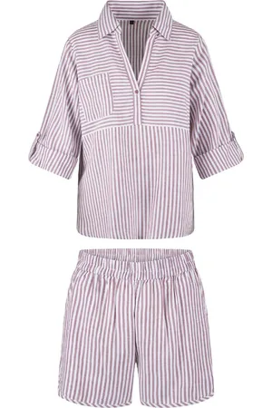 LingaDore Stripe Shortama Set Soft Bordeaux - maat M - /Wit
