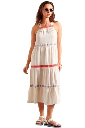 Superdry Sleeveless Embroidered Jurk Beige M Vrouw