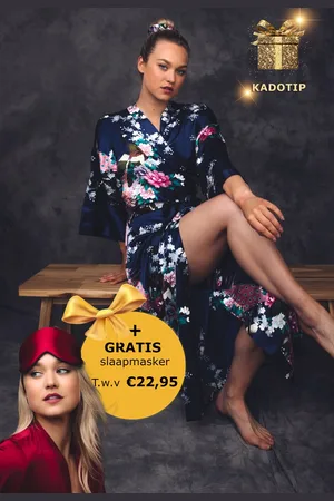 Merkloos Kimono dames satijn - met pauw en bloemen print