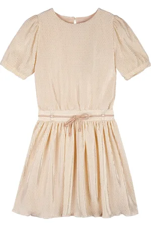 NoNo Zomer jurk meisjes Licht goud - plissee - AOP - korte mouw - Merel