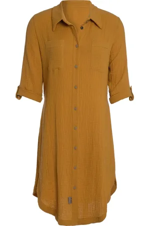 Knit Factory Kim Dames Blousejurk - Lange blouse dames - Blouse jurk geel - Zomerjurk - Overhemd jurk - XL - - 100% Biologisch katoen - Knielengte