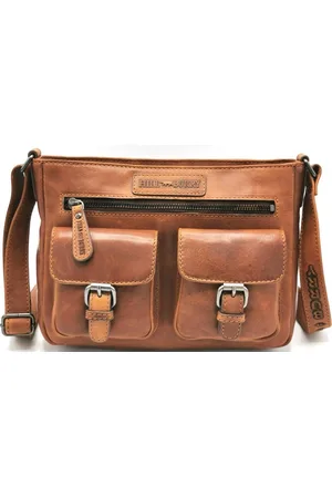 Hillburry Leren Schoudertas met meerdere ritsvakken 25cm x19cm - cognac - mooie natuurlijke kleur 15037