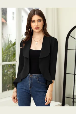 Merkloos Dames Blazer 3/4 Mouw Bolero Blazer Jasje Open Voorzijde Kantoor Blazer Uitloper Revers Casual Vest Jas Pakken S