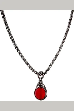 esde2 60cm x 3mm Jasseron-Ketting + Rode Chalcedoon Jade Hanger Dames - Gepolijst RVS - Visgraattechniek Steen Hanger met Ketting