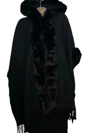 Merkloos Dames warme Poncho - Capuchon fijn gebreid met Imitatiebont Onesize Zwart