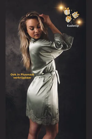 Merkloos Kimono dames badjas, ochtendjas, nachtkleding, zacht satijn sage , maat S t/m XL