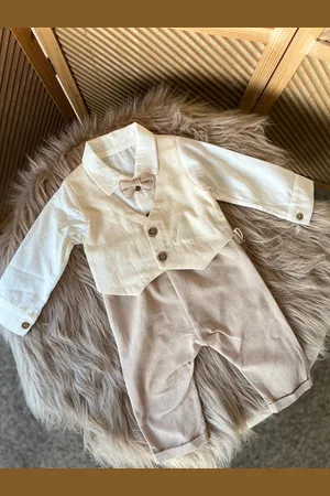Merkloos Luxe drie delige katoenen set- hemd, broek, vastgenaaide gilet, vlinderdas- linnen/katoenmix-lichtbeige crème-feestoutfit-bruiloft-fotoshoot-verjaardag-doopsel- maat 80