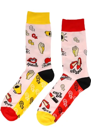 Merkloos Sokken - Girl Boss Vrouw Hakken Lippenstift Hart Symbolen Geel Zwart Rood - Katoen - Uniseks - Schoenmaat 38-45 Funny Happy Socks