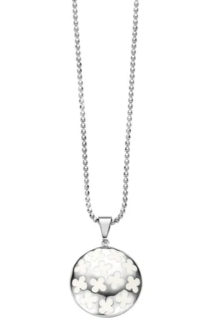 Silventi 982400103 Stalen collier met hanger - bolletjes - emaille bloem 27 mm - lengte 42 + 3 cm - / wit