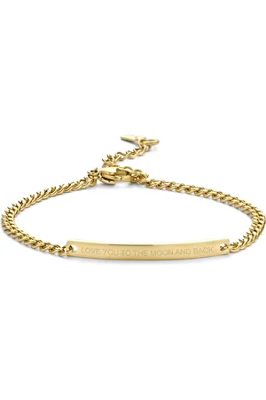 Key Moments 8KM-BC0096 Stalen armband - Dames - Plaat - LOVE YOU TO THE MOON AND BACK - 16,5 + 3 cm - Gourmetschakel - Cadeau voor haar - Staal - Goudkleurig
