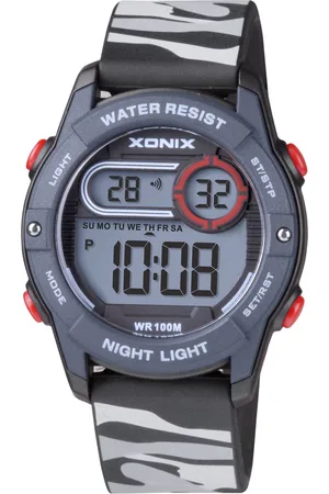 XONIX BAZ-A07 - Horloge - Polshorloge - Digitaal - Kinderen - Unisex - Rond - Siliconen band - ABS/Kunst - Achtergrondverlichting - Alarm - Start/Stop - Tweede tijdzone - Datumaanduiding - Waterdicht - Zwart/Grijs camouflage