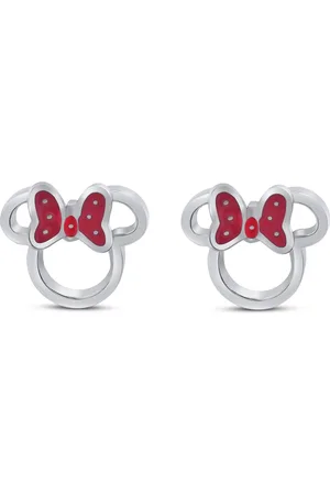 Disney 4-DIS047 Minnie Mouse Oorbellen - Minnie Oorknopjes - Sieraden - 7,2x7,7mm - Rood Emaille Strikje - Staal - Hypoallergeen - Zilverkleurig