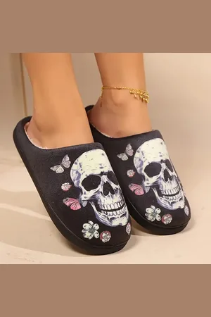 Merkloos Pantoffels doodshoofd - fleece - schedel - antislip - sloffen - maat 38/39