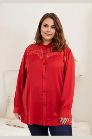 Merkloos Beeldige rode blouse met kant - grote maten - maat 50