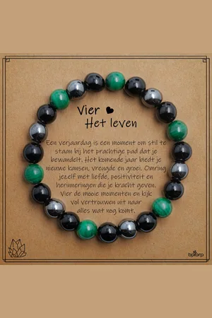 Bixorp Malachiet + Onyx + Hematiet Armband op Cadeau Kaartje - Vier het Leven - 8mm / 20cm Edelsteen Kralenarmband - Inclusief Cadeau Envelop