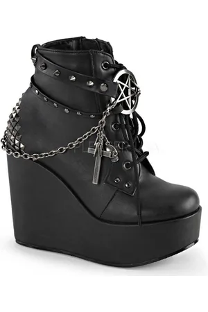 Demonia Poison-101 Ankle wedge boots with chain and charms black matt - (EU 38 = US 8)