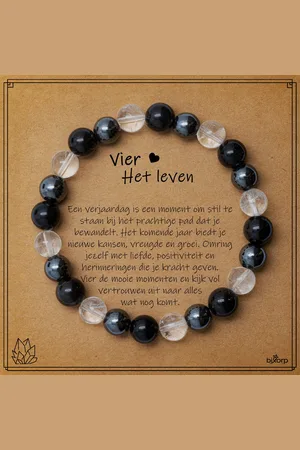 Bixorp Hematiet + Bergkristal + Obsidiaan Armband op Cadeau Kaartje - Vier het Leven - 8mm / 18cm Edelsteen Kralenarmband - Inclusief Cadeau Envelop